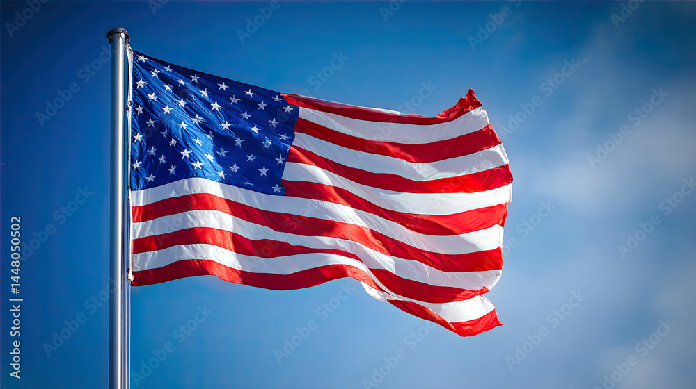 Fototapeta premium American Flag Waving in Blue Sky Patriotic Image