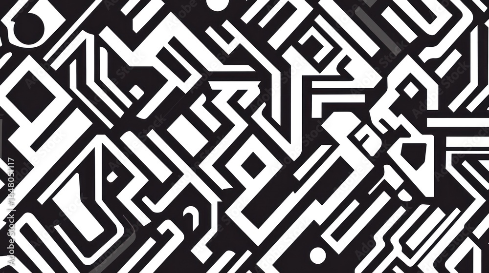 Abstract black and white geometric pattern with intersecting lines and shapes. Abstract black and white geometric pattern with intersecting lines and shapes.