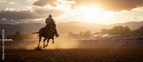 Rodeo rider galloping at sunset outdoor arena sports photography