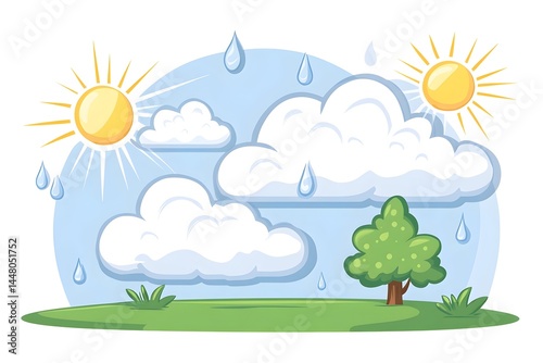 Sunny day with rain showers, fluffy clouds over green grassy hill and lone tree