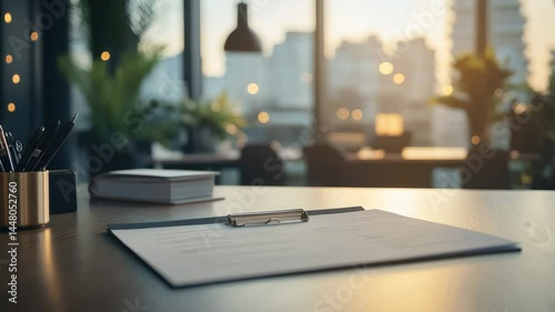 A clean and modern office workspace with a document on the desk in front of bright window light. The scene evokes a sense of productivity and focus