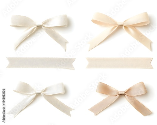 Two shades of ivory satin bows and matching blank banners, isolated on white