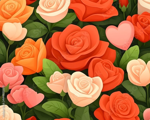 Vibrant roses in various shades of red, orange, and pink, interspersed with hearts and lush green foliage, creating a romantic floral pattern