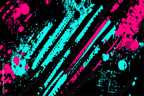 Energetic abstract grunge pattern featuring chaotic splashes and diagonal streaks in vibrant cyan and hot pink against a black background. Modern, urban vector texture.