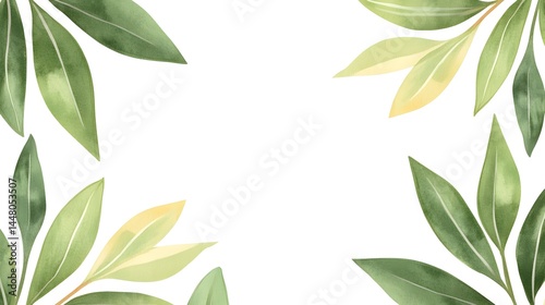 Watercolor illustration of green leaves forming a border on a white background