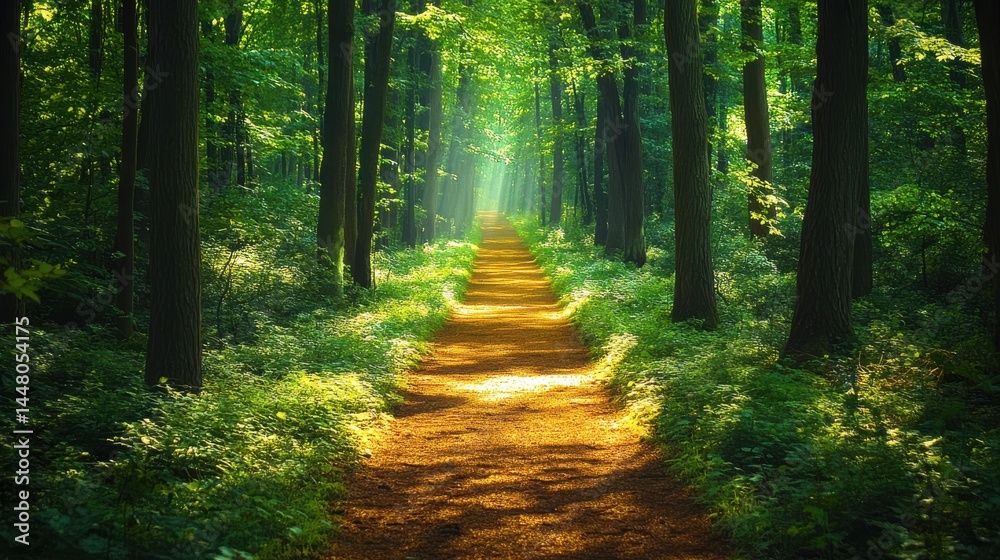 Obraz premium Forest path illuminated by sunlight, inviting exploration