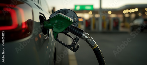 Car refueling at a gas station with a fuel pump filling the tank. Blurred gas station background at dusk with convenience store.