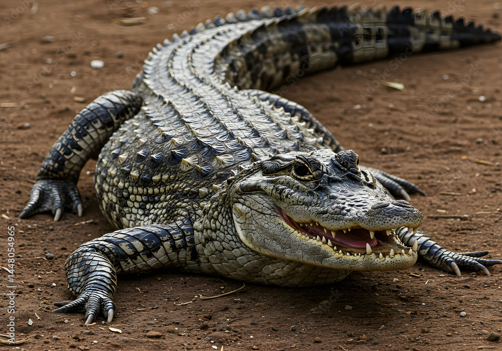 Fototapeta premium Fierce Caiman Crocodile on Dry Ground, Close-Up Portrait, Reptile Wildlife, Animal Photography.