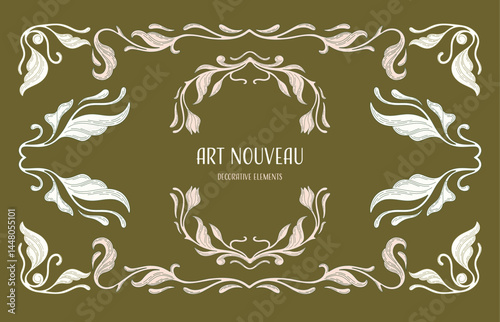 Art Nouveau floral frames, corners, and borders. Vector.
