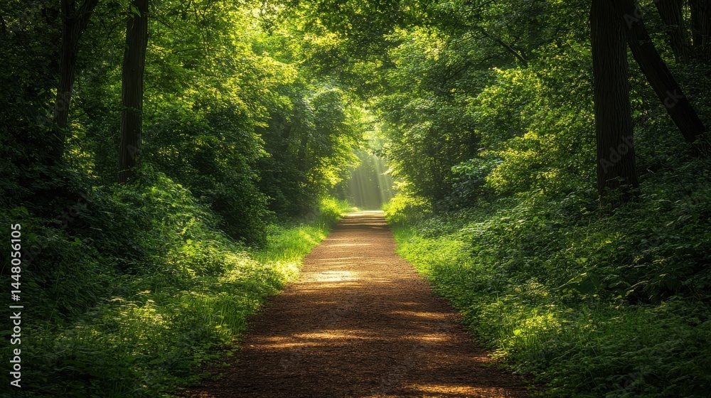 Obraz premium Forest path illuminated by sunlight, inviting tranquility