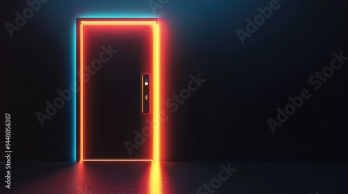 Neon-lit door in dark room, glowing frame, entrance, mystery, future.