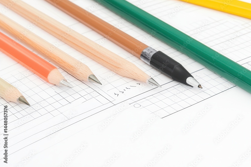 Assorted pencils and pens arranged neatly on a blueprint background for design work Assorted pencils and pens arranged neatly on a blueprint background for design work