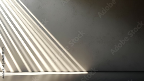 Sunlight streams through blinds, casting diagonal light and shadow patterns on a minimalist wall.