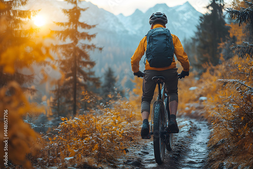 Autumn Mountain Biking Adventure at Sunrise in Scenic Forest Trail