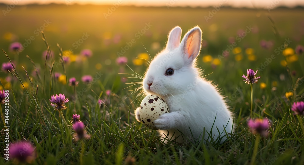 Fototapeta premium White Rabbit with Easter Egg in a Meadow