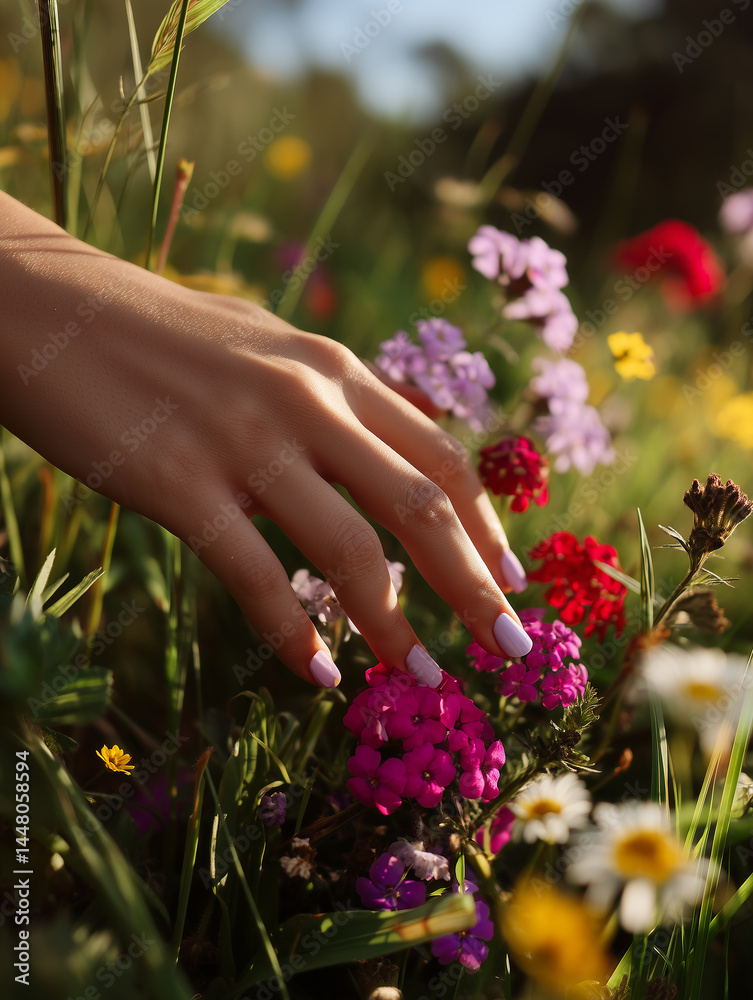 Fototapeta premium Graceful hand reaching for vibrant wildflowers in a sunlit meadow during a peaceful spring afternoon