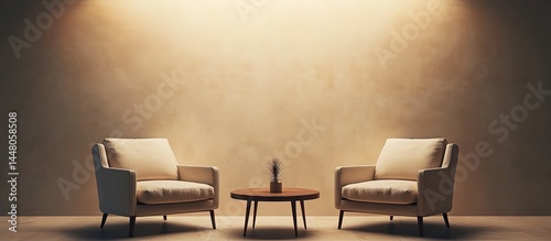 Two beige sofas facing each other with a wooden coffee table and vases in a light-toned room.