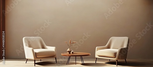Two beige sofas facing each other with a wooden coffee table and vases in a light-toned room.