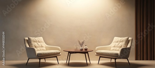 Two beige sofas facing each other with a wooden coffee table and vases in a light-toned room.