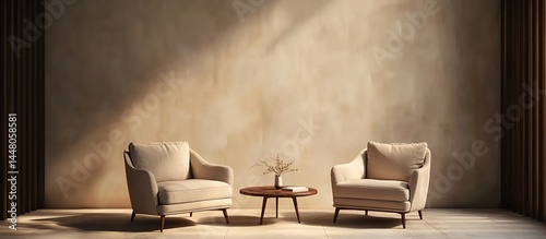 Two beige sofas facing each other with a wooden coffee table and vases in a light-toned room.