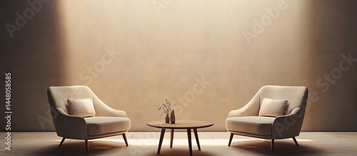Two beige sofas facing each other with a wooden coffee table and vases in a light-toned room.