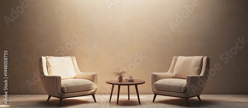 Two beige sofas facing each other with a wooden coffee table and vases in a light-toned room.
