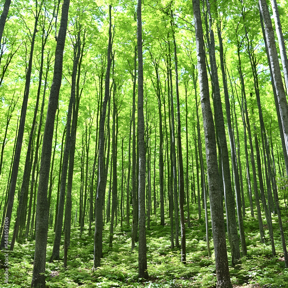 Lush green forest, sunlight dappling through trees, springtime, nature background, ideal for eco-related projects Lush green forest, sunlight dappling through trees, springtime, nature background, ideal for eco-related projects