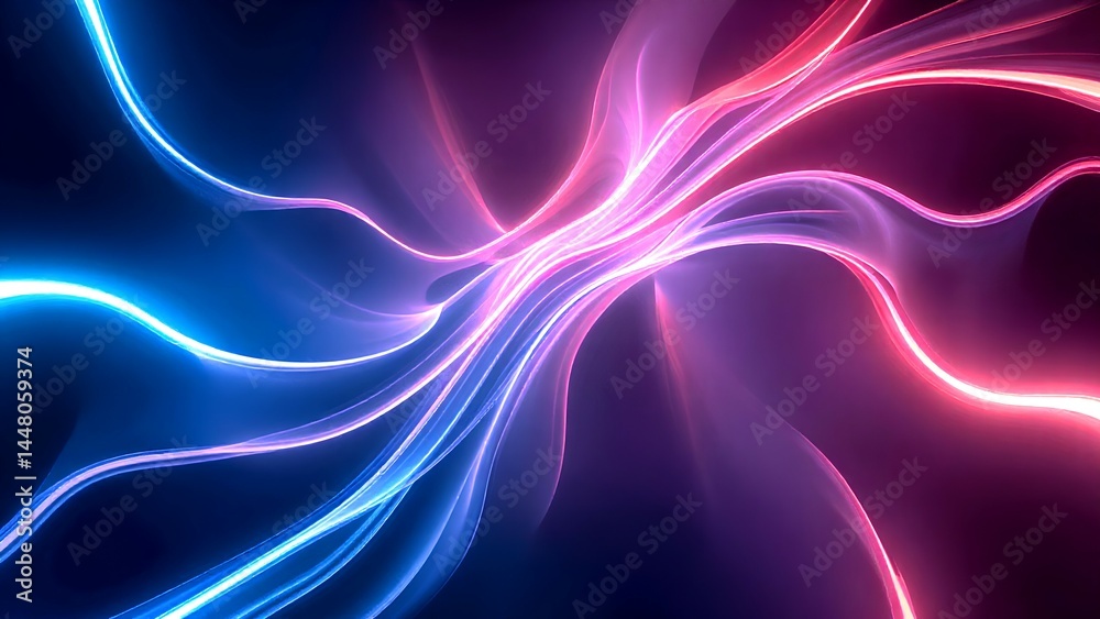 Fototapeta premium Abstract glowing blue and pink light waves intertwine on a dark background, creating a dynamic and futuristic visual effect.