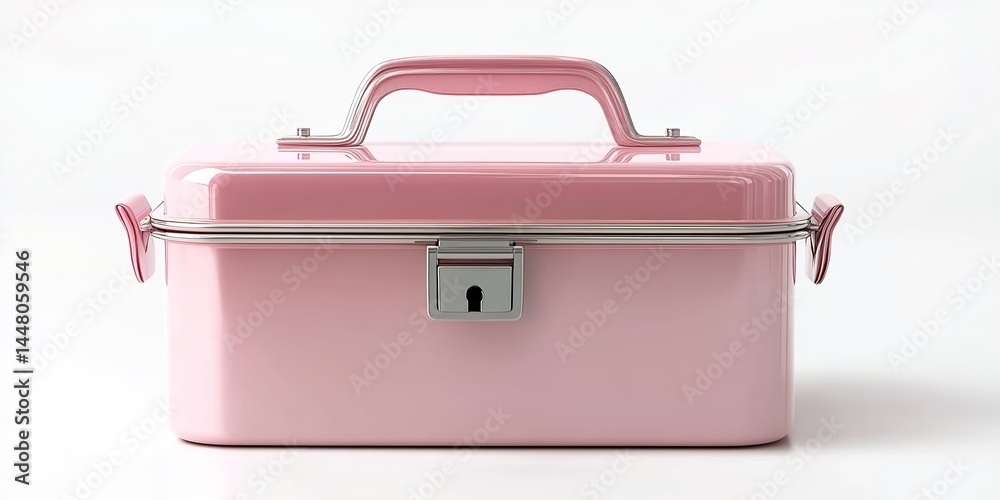 Pink square box with metal handles and a lock. Pink square box with metal handles and a lock.