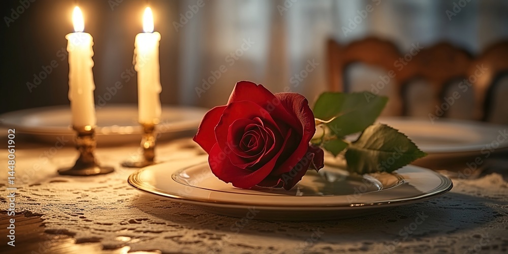 A single red rose on a plate with lace tablecloth, two lit candles in candlesticks, blurred wooden chairs and curtains in the background. A single red rose on a plate with lace tablecloth, two lit candles in candlesticks, blurred wooden chairs and curtains in the background.