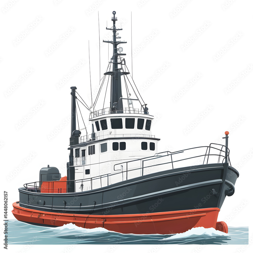 Fototapeta premium Flat vector illustration of a tugboat, clean lines, modern design, isolated on white background