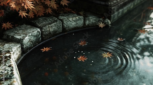 Chazy detail shot with crystal-clear water, fresh leaves, and gently aged stone textures at a Japanese shrine photo