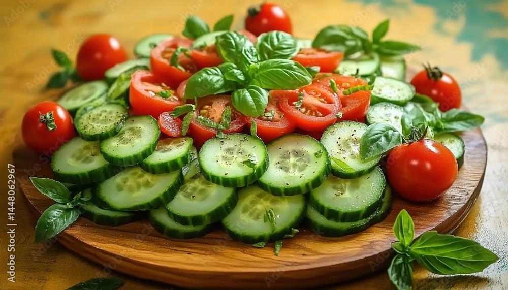 A wooden cutting board with sliced cucumbers, halved cherry tomatoes, fresh basil leaves on a green background. A wooden cutting board with sliced cucumbers, halved cherry tomatoes, fresh basil leaves on a green background.
