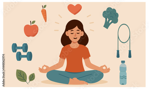 Healthy Lifestyle and Meditation Concept – Flat Vector Illustration