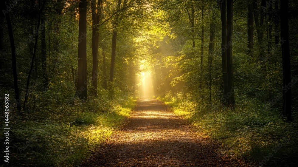 Fototapeta premium Forest pathway illuminated by sunlight filtering through trees