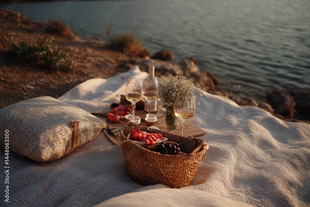 Obraz premium Relaxing picnic by the serene lakeside with wine, fresh fruits, and cozy cushions at sunset
