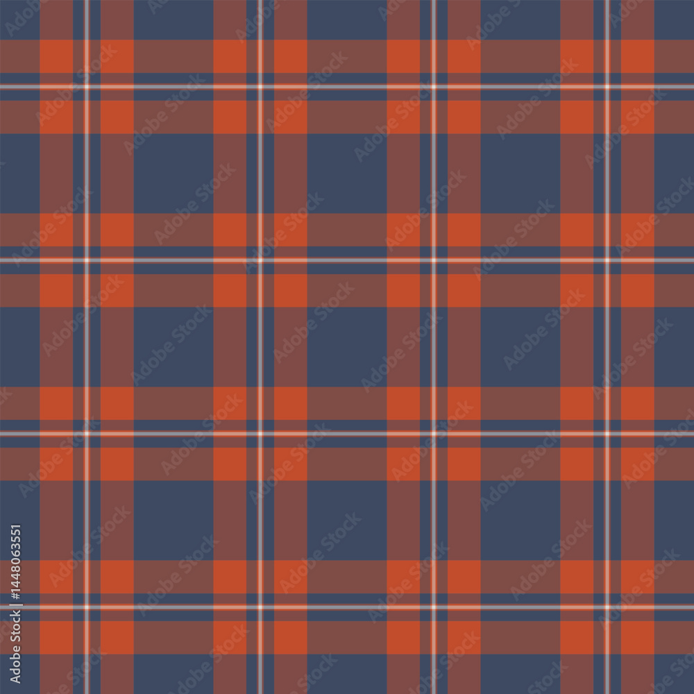 Obraz premium Classic plaid pattern featuring interweaving lines in navy blue and warm orange hues. Seamless, adaptable design for backgrounds, textiles, or digital applications.