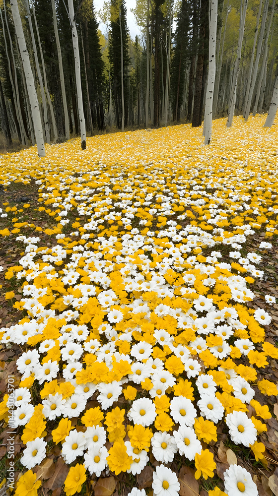 Obraz premium Autumnal aspen grove with carpet of white and yellow wildflowers. Ideal for nature, travel, and autumnal themed projects