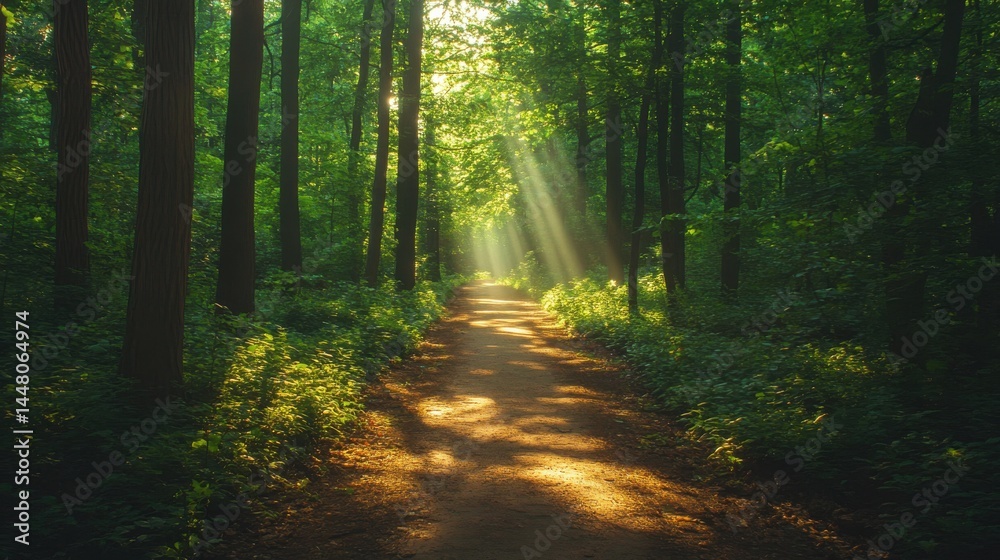 Obraz premium Forest path illuminated by sunlight filtering through trees