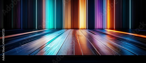 Lighted planks on glossy floor reflect vibrant colored stripes in a dark room