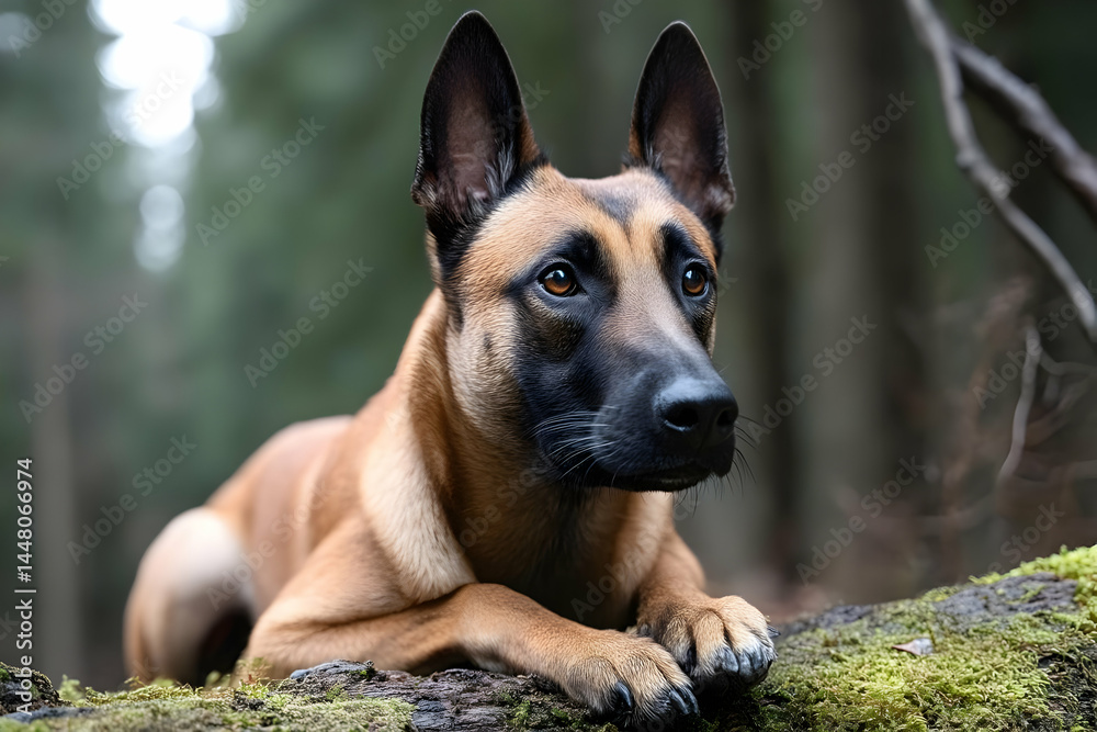 Obraz premium A serene and focused Belgian Malinois dog resting on a mossy log in a lush forest, capturing the essence of nature and companionship.