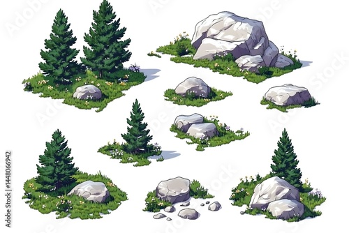 Isometric illustration of evergreen trees, rocks, and grassy patches, ideal for game assets or landscape design