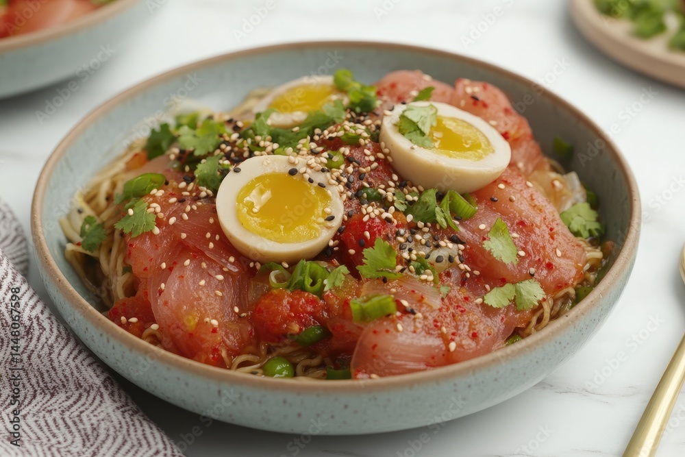 Bowl of flavorful noodles with salmon, soft-boiled eggs, and vegetables Bowl of flavorful noodles with salmon, soft-boiled eggs, and vegetables