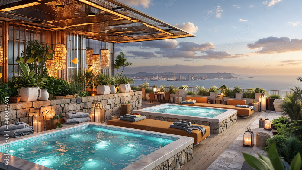 Fototapeta premium Luxurious rooftop spa oasis featuring pools loungers and stunning coastal views at sunset