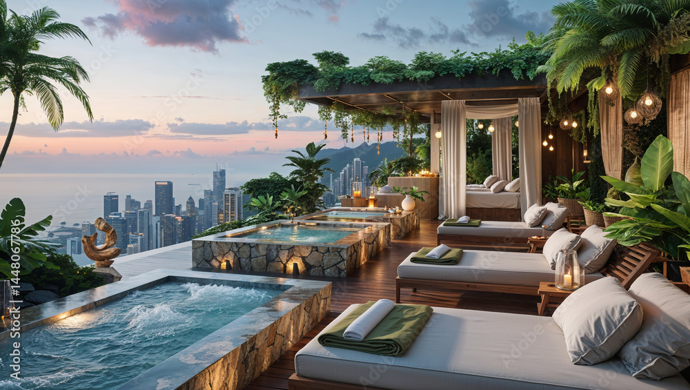 Fototapeta premium Luxurious rooftop spa with city skyline view featuring jacuzzis and relaxation lounges