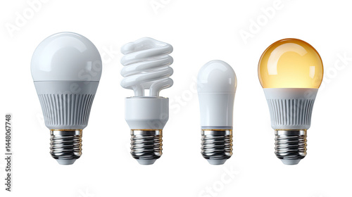 Energy Efficient Light Bulbs: A close-up shot of a group of four light bulbs, showcasing the progression of energy efficiency, with one bulb illuminating.