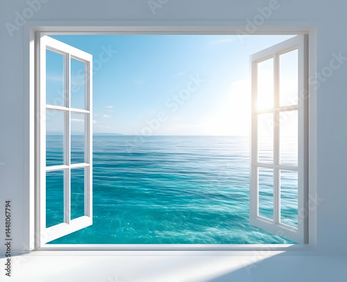 A serene view through an open window revealing a calm, blue ocean. Sunlight reflects on the water, creating a peaceful and refreshing atmosphere.