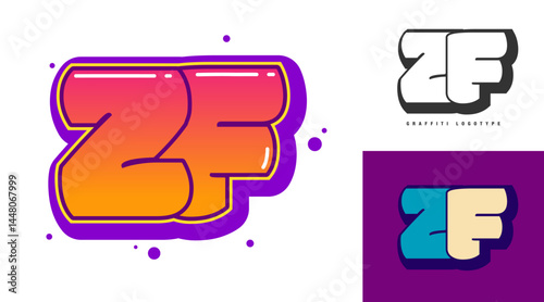 ZF logo design for festival or party. Initial letter z and f in graffiti style. Creative modern lettering company name of font typography. Kids trendy logotype or identity.
