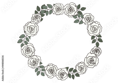 おしゃれな手描きのバラの花のリース　白い薔薇のリース