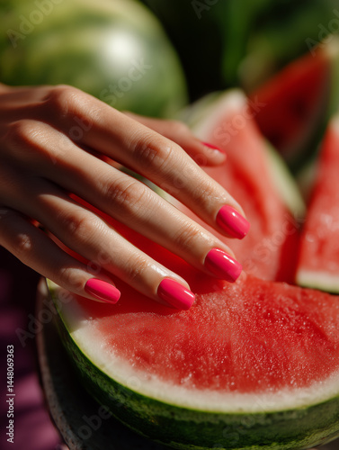 Brightly manicured hand elegantly resting on juicy watermelon slices at a vibrant summer gathering in a sunny outdoor setting